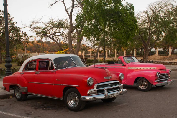 Retro autók parkolnak, vár a turisták számára, hogy fedezze fel a várost. Old Havanna, Kuba — Stock Fotó
