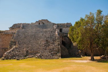 Merdiven adımları ile. Antik Maya şehir. Yıkılan binalar ve piramitler. Chichen Itza, Meksika. Yucatan