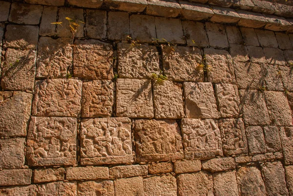 Desenhos antigos maias em pedra. A textura da pedra. Chichen-Itza, México. Iucatano — Fotografia de Stock