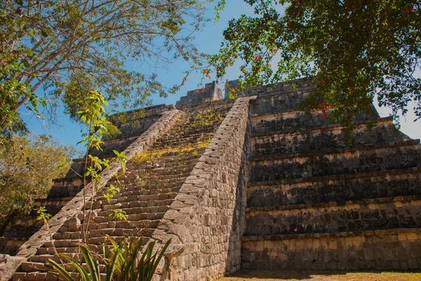 Antica piramide maya con gradini. La vecchia citta 'in rovina dei Maya. Chichen-Itza, Messico. Yucatan — Foto Stock