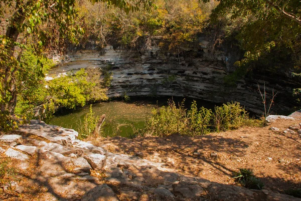 Cenote está localizado no território das pirâmides. Chichen Itza no México — Fotografia de Stock