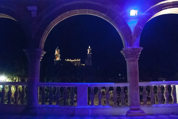 Merida San Ildefonso cathedral at night with blue backlight. Yucatan. Mexico
