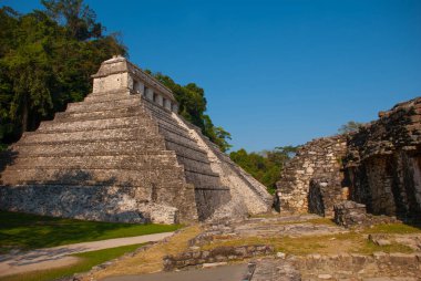 Palenque, Meksika. Antik Maya piramitleri mavi gökyüzü.