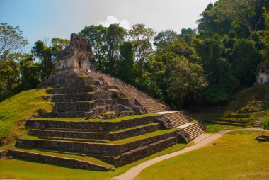 Büyük piramit. Maya'nın antik kentin peyzaj. Eski şablonları Palenque - Chiapas, Meksika Maya kalıntıları