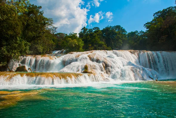 Erstaunliche Naturphänomen. Landschaft mit außergewöhnlichen Wasserfällen agua azul, chiapas, palenque, mexiko — Stockfoto