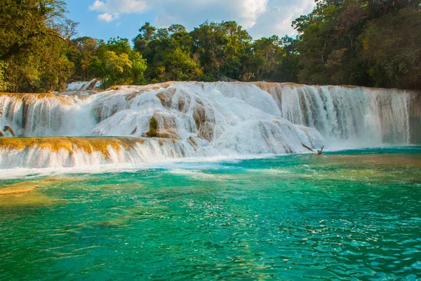 Blick auf den erstaunlichen Wasserfall mit türkisfarbenem Pool umgeben von grünen Bäumen. agua azul, chiapas, palenque, mexiko — Stockfoto