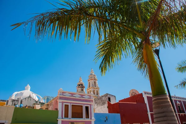 São Francisco de Campeche, México. Vista das casas e palmeiras, à distância é a Catedral de Campeche — Fotografia de Stock