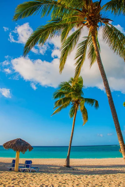Holguín, Cuba, Playa Esmeralda. Paraguas y dos sillones alrededor de palmeras. Playa tropical en el mar Caribe . — Foto de Stock
