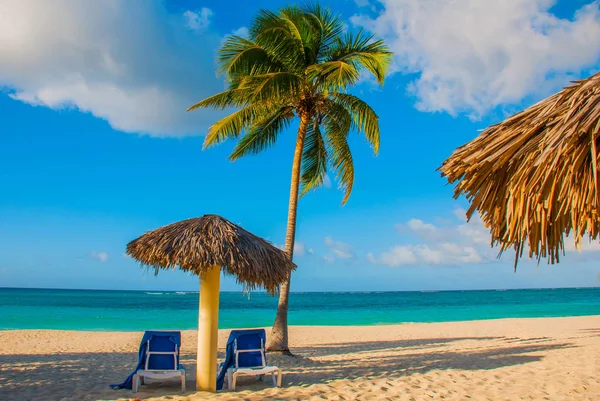 Holguín, Cuba, Playa Esmeralda. Paraguas y dos sillones alrededor de palmeras. Playa tropical en el mar Caribe. Paraíso paisaje — Foto de Stock