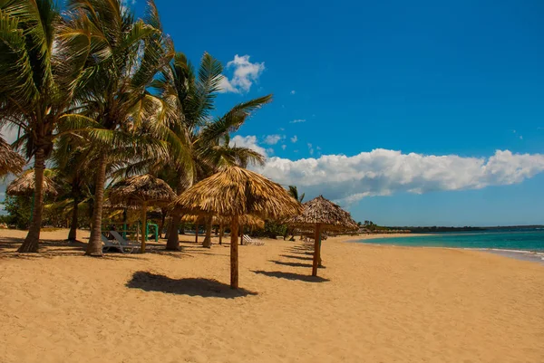Paisaje tropical con arena amarilla, mar azul del Caribe, palmeras de coco y sombrillas. Cienfuegos, Cuba, Playa Rancho Luna . — Foto de Stock