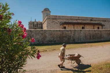 Eski kale Fortaleza de Jagua arka plan üzerinde kırmızı çiçekler. Castillo de Jaguar. Küba, Cienfuegos.