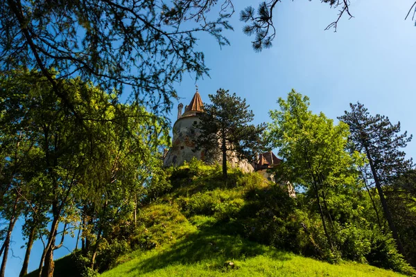 BRAN, RUMANIA: Castillo de Drakula. Hermoso paisaje con un castillo de salvado con un día de verano — Foto de Stock