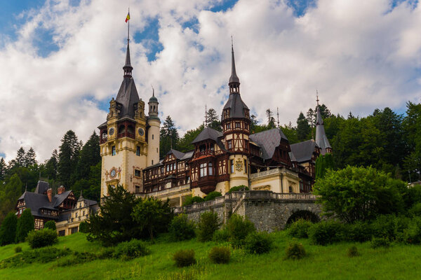 SINAIA, ROMANIA: Beautiful Peles Castle in Sinaia, Carpathian Mountains, Romania