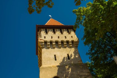Sibiu, Romanya: Eski Sibiu kasabasındaki istihkam sisteminin bir parçası olan eski tuğla bir duvar ve bir kule manzarası