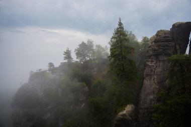 Bastei, Almanya: İsviçre 'deki Sakson Ulusal Parkı' nda taşlı harika bir manzara. Dağlarda sis.