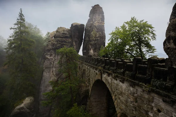 Bastei - Vista de la hermosa formación rocosa en el Parque Nacional de Suiza Sajona desde el puente Bastei - Elba Montañas de piedra arenisca cerca de Dresde y Rathen - Alemania . —  Fotos de Stock