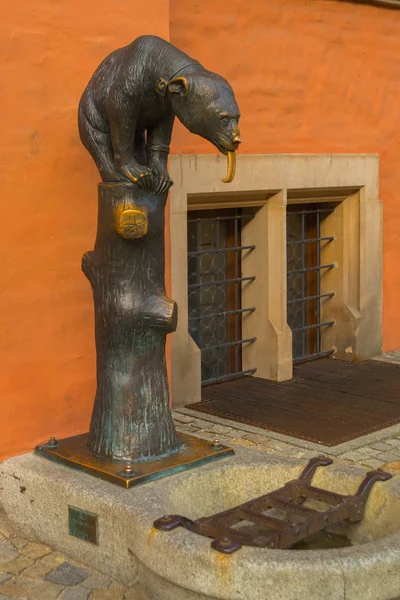 WROCLAW, POLÓNIA: Escultura de um urso. Câmara Municipal Velha com torre de relógio no Mercado Rynek Square — Fotografia de Stock