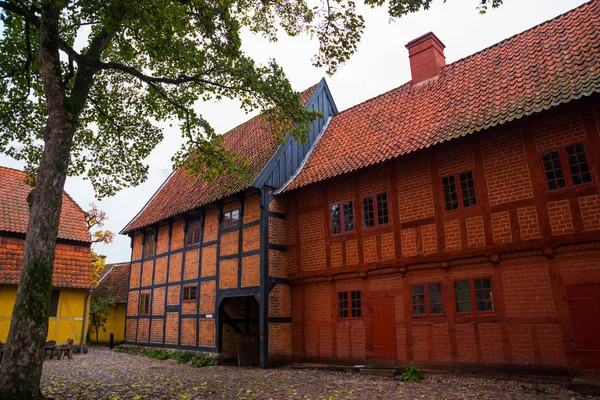 Odense, Danimarka: Odense 'deki kaldırımlı sokaklardaki eski evler, Hans Christian Andersen şehri — Stok fotoğraf