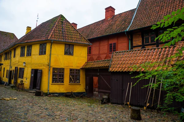 Odense, Danmark: Gamla hem på kullerstensgator i Odense, staden Hans Christian Andersen — Stockfoto