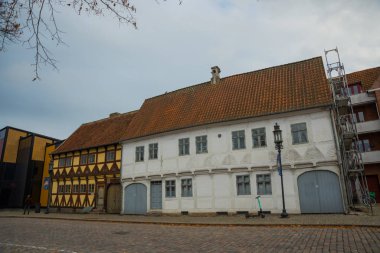 Odense, Danimarka: Odense 'deki geleneksel tarihi ev, Danimarka Hc Andersen' in memleketi. Odense 'de bir eve cephe