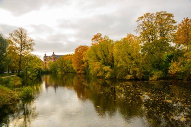 Güzel sonbahar manzarası, Kopenhag Parkı 'ndaki suya yansıyan ağaçlar. Danimarka, Kopenhag