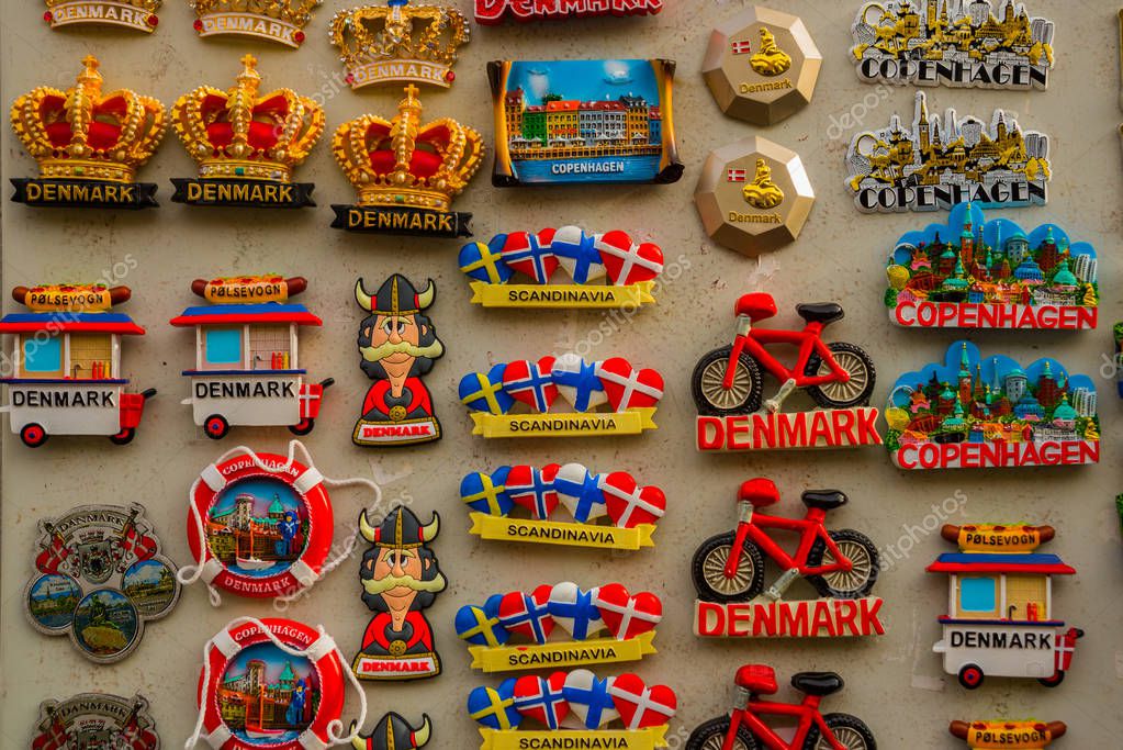 COPENHAGEN, DENMARK: Souvenir Shop Board with Magnets. Souvenirs for tourists