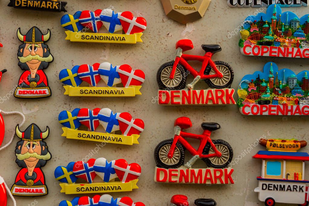 COPENHAGEN, DENMARK: Souvenir Shop Board with Magnets. Souvenirs for tourists
