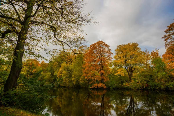 Piękny jesienny krajobraz, drzewa odbite w wodzie w Kopenhadze Park. Dania, Kopenhaga — Zdjęcie stockowe