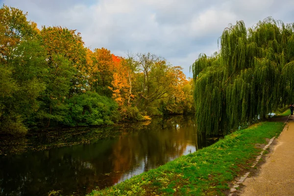 Piękny jesienny krajobraz, drzewa odbite w wodzie w Kopenhadze Park. Dania, Kopenhaga — Zdjęcie stockowe