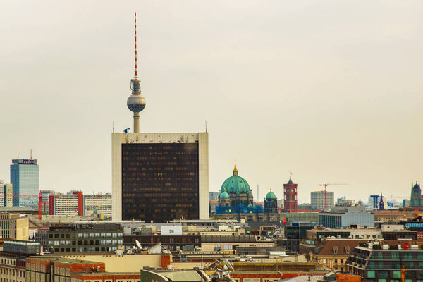 Berlin, Germany: TV tower and the Cathedral in Berlin. Top view of the German capital, the landscape of the Central district of Berlin from the roof of the Bundestag. Berlin, Germany