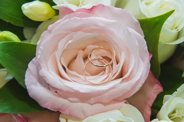 Boda, San Valentín. Hermosa delicada boda ramo de rosas blancas y rosadas, anillos de boda de la novia y el novio . —  Fotos de Stock