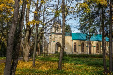 SAINT PETERSBURG, RUSSIA - MAY 16, 2018: landscape with beautiful view of the Gothic Church of Peter and Paul in Pargolovo. Evangelical Reformed Church in Saint Petersburg