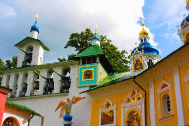 PECHORY, PSKOV OBLAST, RUSSIA - AUGUST 8, 2009: view of beautiful buildings and Orthodox churches Ancient Pskov-Pechersky monastery in Pechory, near Pskov