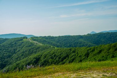 Krasnodar Bölgesi, Rusya: Mavi gökyüzü ve dağların altındaki güzel yeşil alan