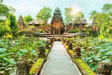 Ubud, Bali, Endonezya - Nisan 2017: Çok güzel tapınak Lotus, Saraswati Tapınağı Ubud, Bali