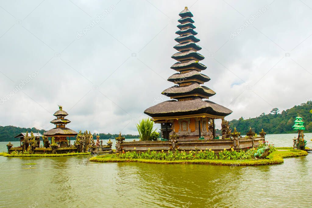 UBUD, BALI, INDONESIA - APRIL 2017: Beautiful Pura Ulun Danu Batur is a temple in Bali situated on lake Beratan high up in a crater of an extinct volcano in Bali, Indonesia