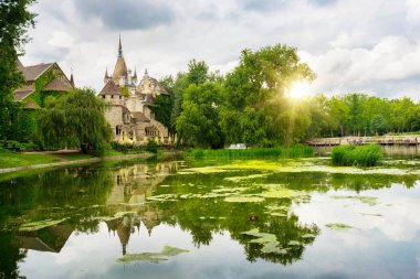 BUDAPEST, HUNGARY - Mayıs 2019: bir gölet ve eski bir Vajdahunyad kalesi ile güzel manzara. Bu ünvanı, Dracular 'ın kalesi için romanda bir ilham kaynağı olarak kazanmak..