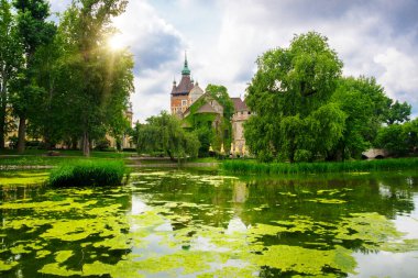 BUDAPEST, HUNGARY - Mayıs 2019: bir gölet ve eski bir Vajdahunyad kalesi ile güzel manzara. Bu ünvanı, Dracular 'ın kalesi için romanda bir ilham kaynağı olarak kazanmak..