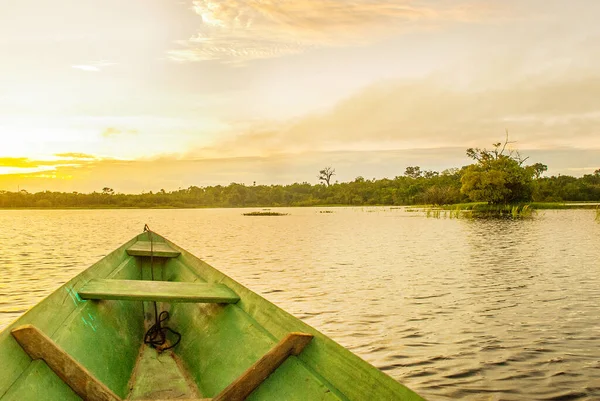 美丽的日出在河上 从亚马逊河上的小船上俯瞰 海岸上有茂密的森林 蓝天蓝天 巴西安纳托纳 — 图库照片