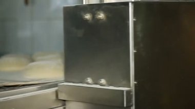 Ekmek. Adam bir tabak kurulan ekmek ile fırın içine ekler..