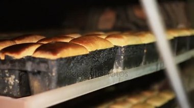 Ekmek. Pişmiş ekmek konveyör hareket eder.