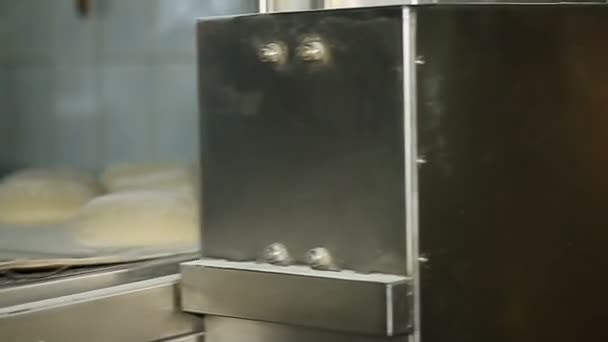 Bakkerij. De man wordt ingevoegd van een plaat met de gevormde brood in de oven. — Stockvideo