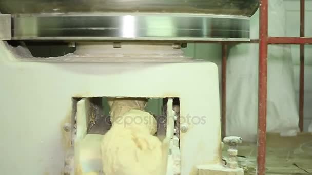 Пекарня. Тесто на конвейере — стоковое видео