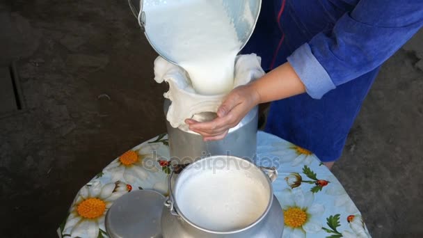 Μια γυναίκα χύνει γάλα σε μια μπορεί μέσω γάζες — Αρχείο Βίντεο