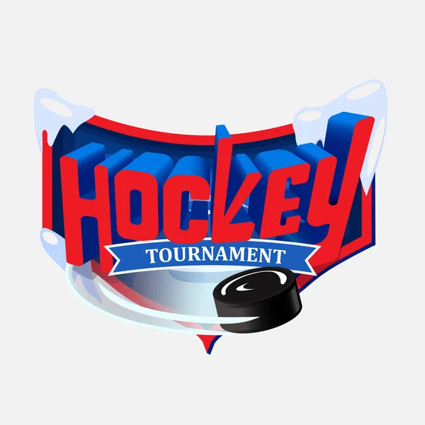 Logo tridimensionale rosso e blu con l'iscrizione torneo di hockey sullo sfondo dello scudo. Un disco da hockey nero vola fuori da sotto il testo . — Vettoriale Stock