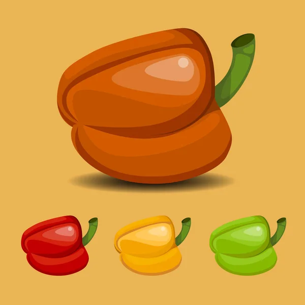Ilustración de pimiento dulce sobre fondo naranja en versiones naranja, roja, amarilla y verde — Vector de stock