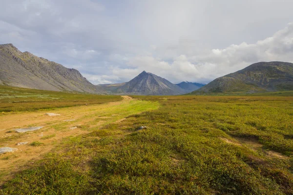 La strada per la tundra negli Urali Subpolari con vista sulle montagne all'orizzonte — Foto Stock