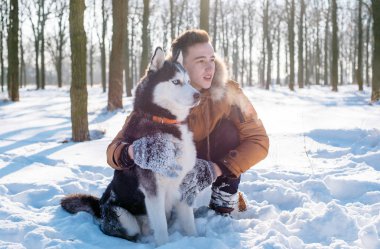 Sibirya husky köpek karlı Park ile oynarken adam