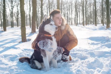 Sibirya husky köpek karlı Park ile oynarken adam