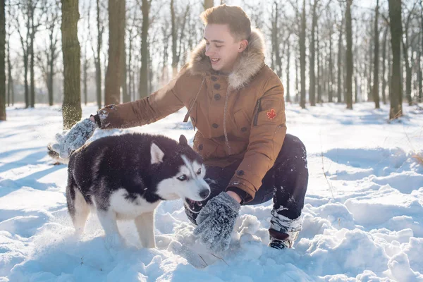 Człowiek z psem husky syberyjski w snowy park — Zdjęcie stockowe